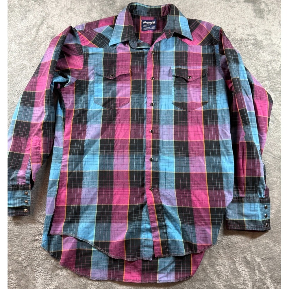 Vintage Wrangler Western Pearl Snap Shirt Pink Blue Plaid Men's Size 16-34